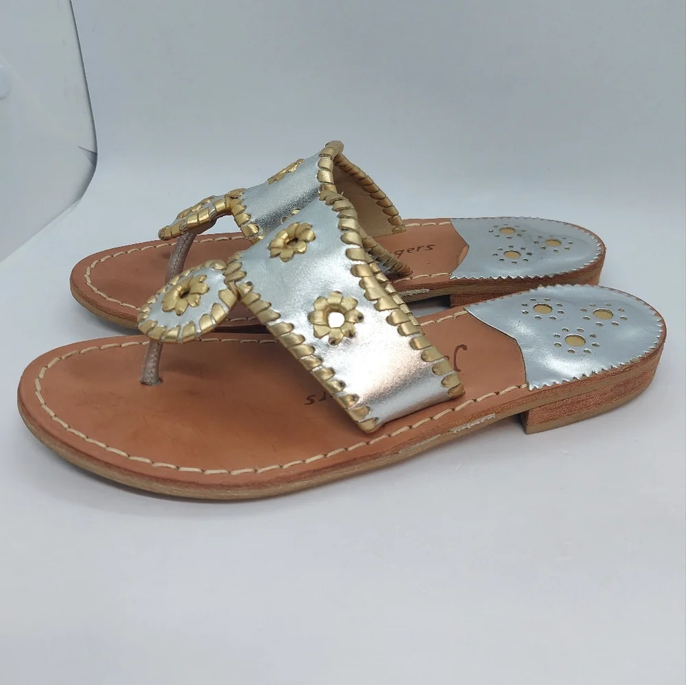 Jack Rogers Women's Sandals Silver Gold Leather Flat Thong Shoes Size 6 Boho
